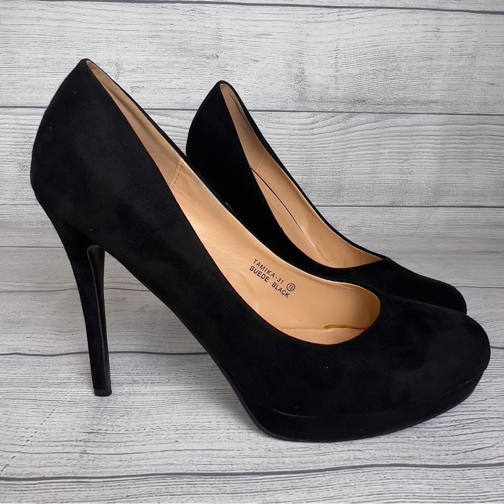 Bella Marie Tamika Black Velvet Suede Almond Toe Platform High Heel - 10